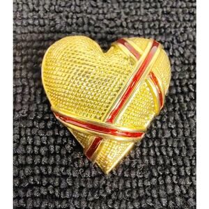 Vintage GARNAY Brooch Pin Heart Love Jewelry Collectable Gold Tone Red Striped